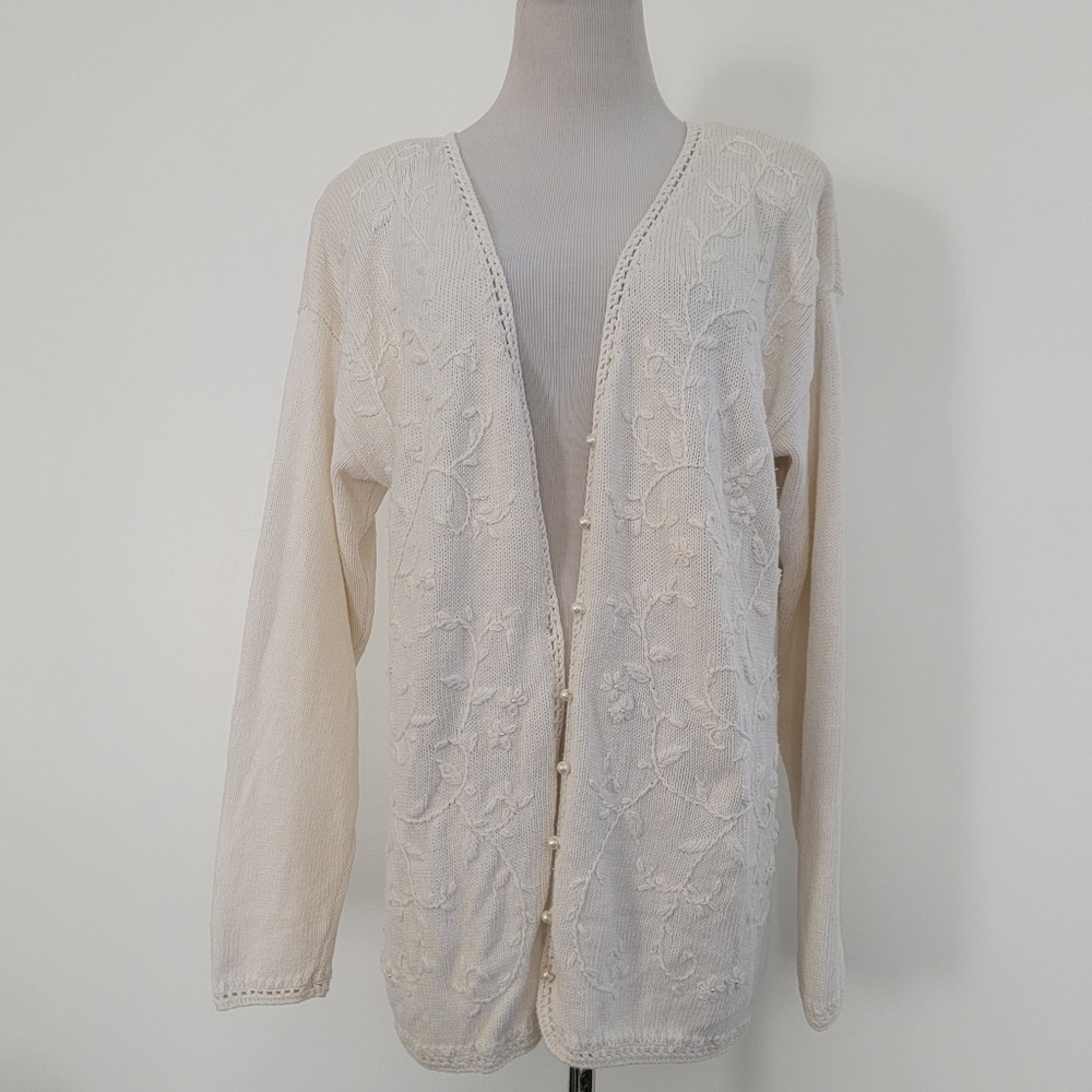 Lona Scott Womens Small White Knit Sweater Lace Embrodered Pearls Long Sleeves